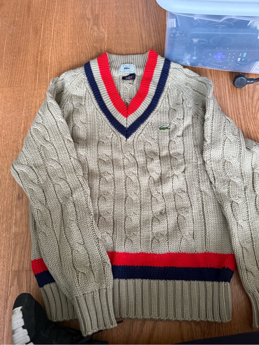 Vintage Lacoste Beige Cable Knit V-Neck Tennis Sweater
